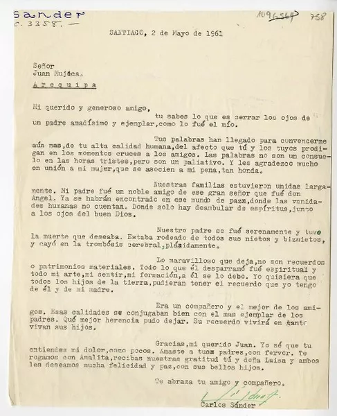 [Carta] 1961 mayo 2, Santiago, Chile [a] Juan Mujica de la Fuente, Arequipa, Perú  [manuscrito] Carlos Sander.