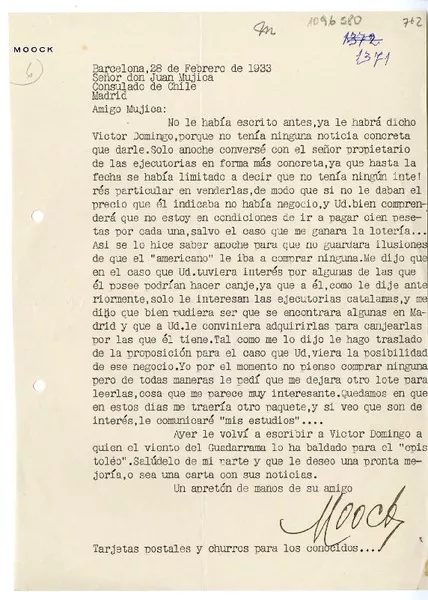 [Carta] 1933 febrero 28, Barcelona, España [a] Juan Mujica de la Fuente, Madrid  [manuscrito] Armando Moock Bousquet.