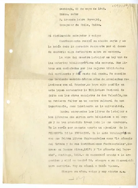 [Carta] 1945 mayo 25, Santiago, Chile [a] Armando Labra Carvajal, Quito, Ecuador  [manuscrito] Juan Mujica de la Fuente.