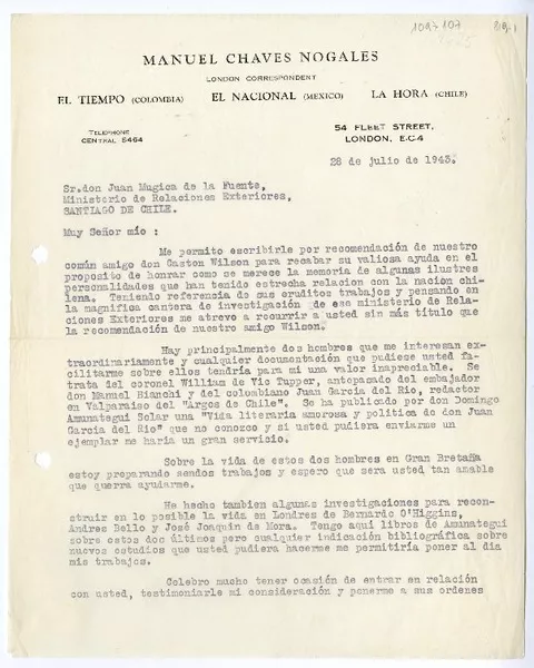 [Carta] 1943 julio 28, Londres, Inglaterra [a] Juan Mujica de la Fuente, Santiago, Chile  [manuscrito] Manuel Cháves Nogales.