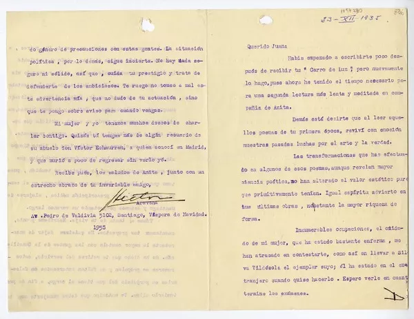 [Carta] 1935 diciembre 23, Santiago, Chile [a] Juan Mujica de la Fuente  [manuscrito] Héctor Aravena.