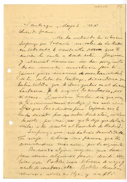 [Carta] 1928 mayo 2, Santiago, Chile [a] Juan Mujica de la Fuente  [manuscrito] Héctor Aravena.