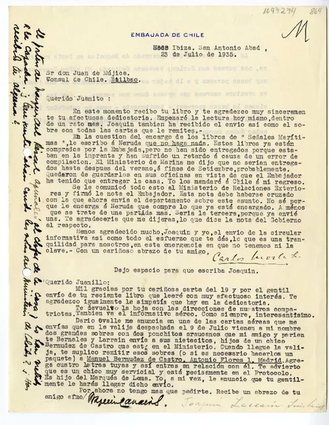 [Carta] 1935 julio 23, Ibiza, España [a] Juan Mujica de la Fuente, Bilbao  [manuscrito] Carlos Morla Lynch.