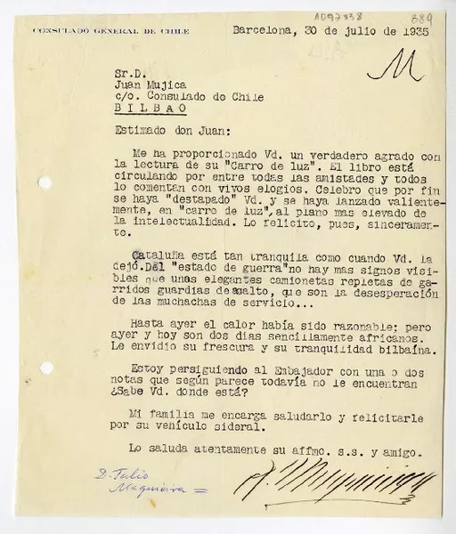 [Carta] 1935 julio 30, Barcelona, España [a] Juan Mujica de la Fuente, Bilbao  [manuscrito] Tulio Maquieira.