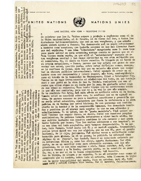[Carta] [1950] Nueva York [a] Humberto Díaz-Casanueva  [manuscrito] Rosamel del Valle.