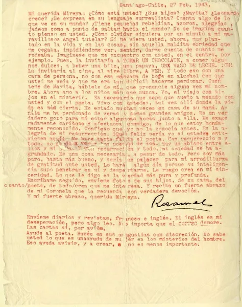 [Carta] 1943 febrero 27, Santiago, Chile [a Mireya]  [manuscrito] Rosamel del Valle.