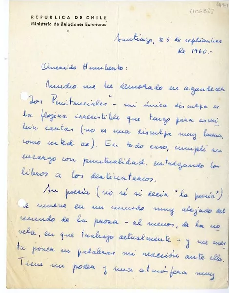 [Carta] 1960 septiembre 25, Santiago, Chile [a] Humberto Díaz-Casanueva  [manuscrito] Jorge Edwards.
