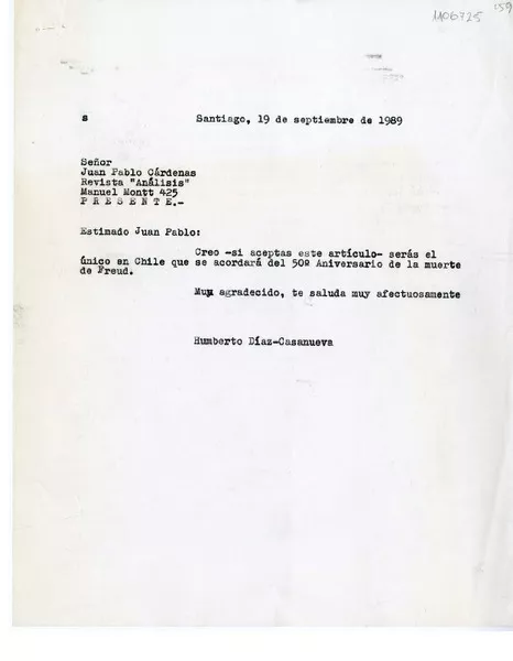 [Carta] 1989 septiembre 19, Santiago, Chile [a] Juan Pablo Cárdenas, Revista "Análisis"  [manuscrito] Humberto Díaz-Casanueva.