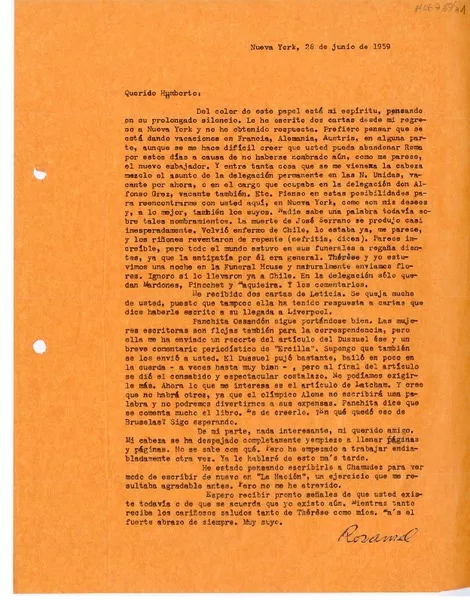 [Carta] 1959 junio 28, Nueva York, [a] Humberto Díaz-Casanueva, [Italia]  [manuscrito] Rosamel del Valle.