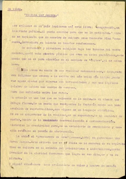 Un libro: vigilia por dentro  [manuscrito] Oreste Plath.