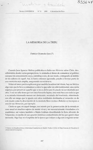 La Memoria de la tribu  [artículo] Patricio Oyaneder Jara