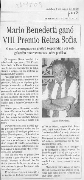Mario Benedetti ganó VIII Premio Reina Sofía  [artículo]
