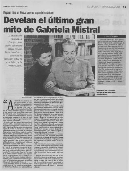 Develan el último gran mito de Gabriela Mistral  [artículo] Andrés Gómez