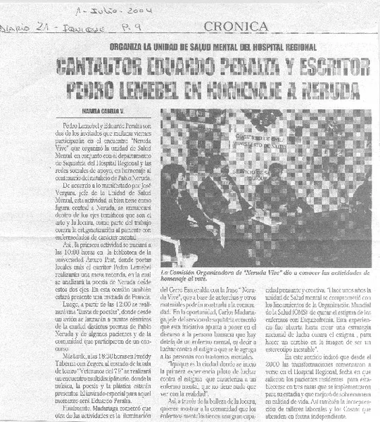 Cantautor Eduardo Peralta y escritor Pedro Lemebel en homenaje a Neruda  [artículo] Mariela Cabello V.