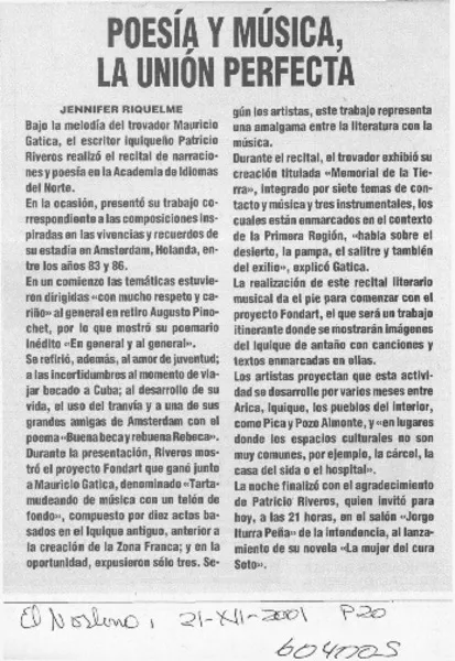 Poesía y música, la unión perfecta  [artículo] Jennifer Riquelme