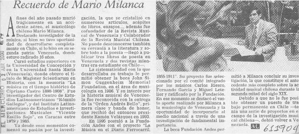 Recuerdo de Mario Milanca  [artículo]