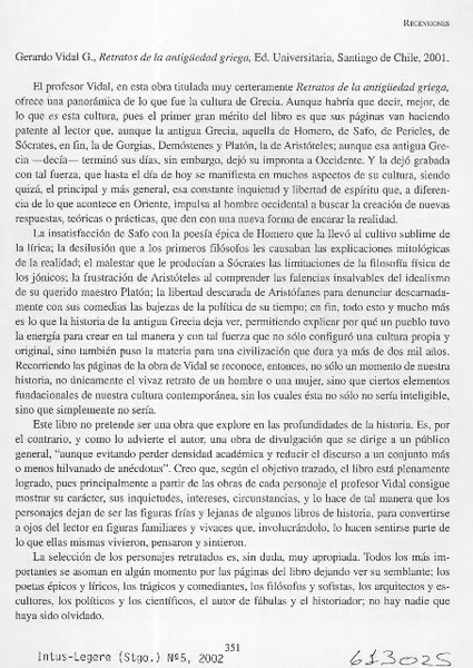 Retratos de la antigüedad griega  [artículo] José Luis Widow L.