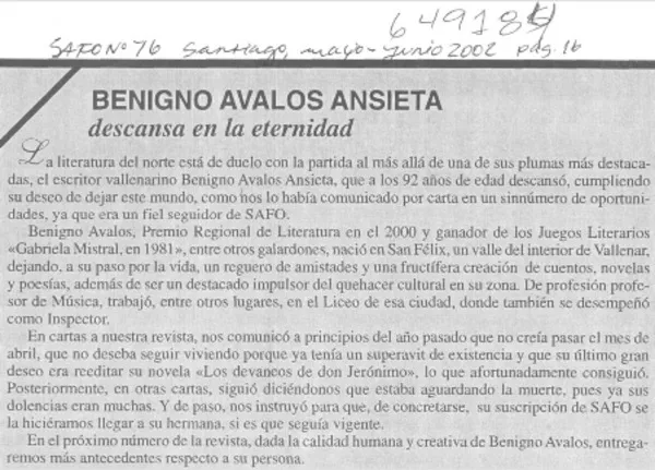 Benigno Avalos Ansieta descansa en la eternidad  [artículo]