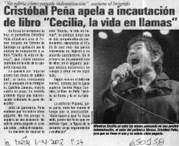 Cristóbal Peña apela a incautación de libro "Cecilia, la vida en llamas"  [artículo].