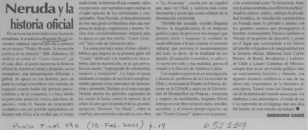 Neruda y la historia oficial  [artículo] Gregorio Cádiz