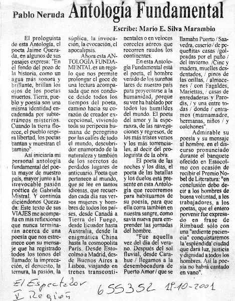 Pablo Neruda, Antología fundamental  [artículo] Mario E. Silva Marambio