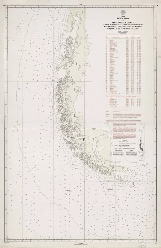 Punta Puga a Islas Diego Ramirez líneas de base rectas, mar territorial de 12 millas marinas, zona contigua de 24 millas marinas y zona económica exclusiva [material cartográfico] : por el Servicio Hidrográfico y Ocenográfico de la Armada de Chile.