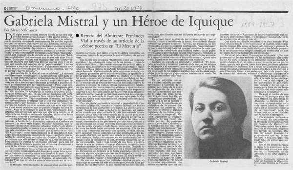 Gabriela Mistral y un héroe de Iquique  [artículo] Alvaro Valenzuela.