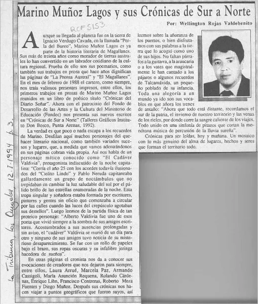 Marino Muñoz Lagos y sus "Crónicas de sur a norte"  [artículo] Wellington Rojas Valdebenito.