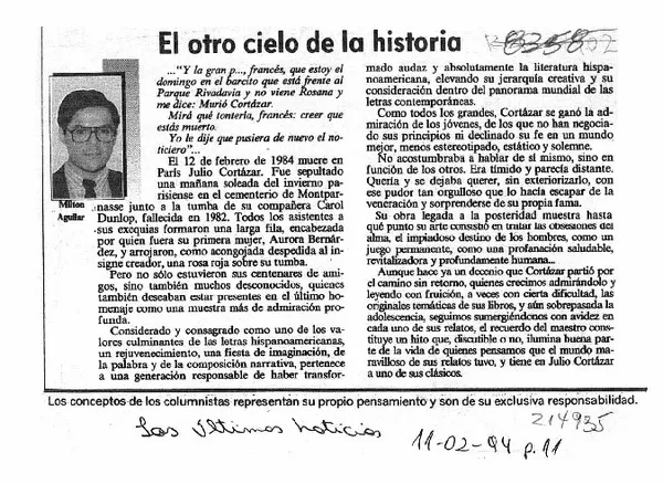 El otro cielo de la historia  [artículo] Milton Aguilar.