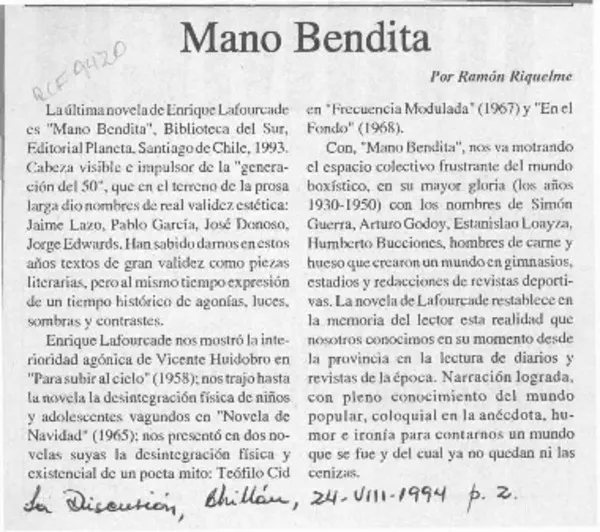 Mano Bendita  [artículo] Ramón Riquelme.