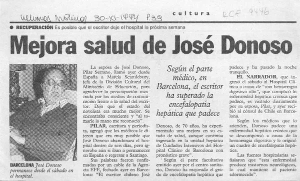 Mejora salud de José Donoso  [artículo].
