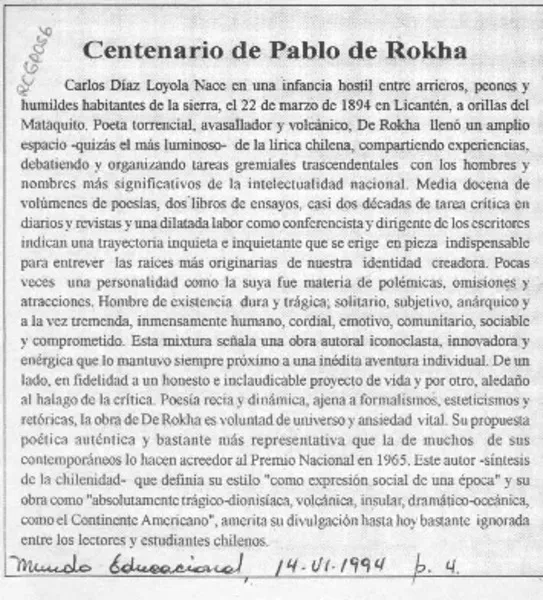 Centenario de Pablo de Rokha  [artículo].