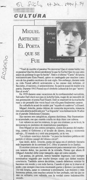 Miguel Arteche, el poeta que se fue  [artículo] Bernardo Chandía Fica.