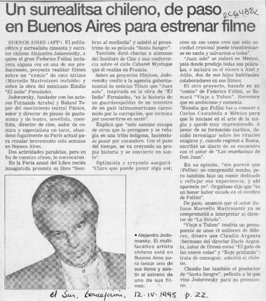Un Surrealista chileno, de paso en Buenos Aires para estrenar filme  [artículo]