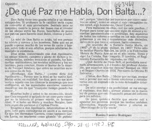 De qué paz me habla, don Balta...?  [artículo] Ramiro Ramírez Rodríguez.
