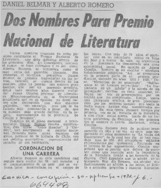 Dos nombres para Premio Nacional de Literatura.  [artículo]