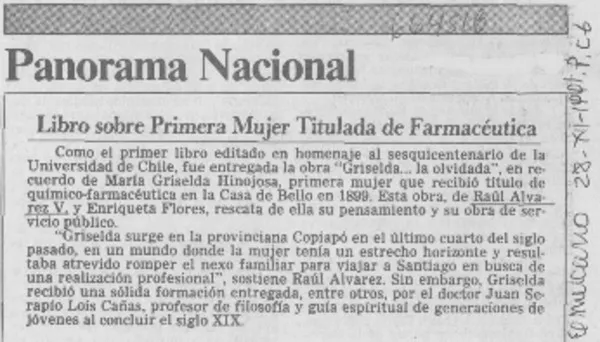 Libro sobre primera mujer titulada de farmacéutica.  [artículo]