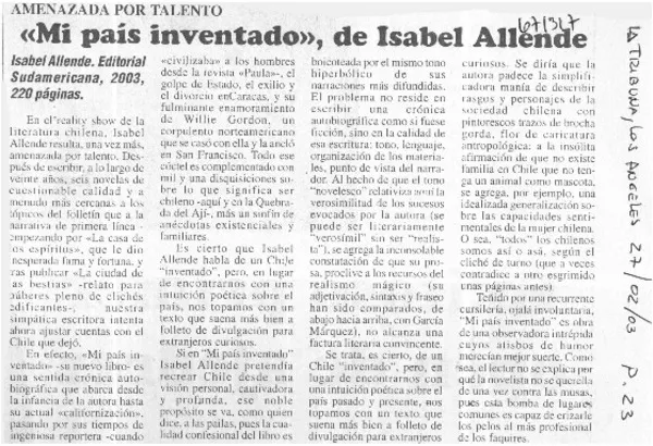 "Mi país inventado", de Isabel Allende.  [artículo]