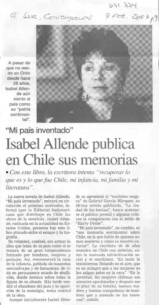 Isabel Allende publica en Chile sus memorias.  [artículo]