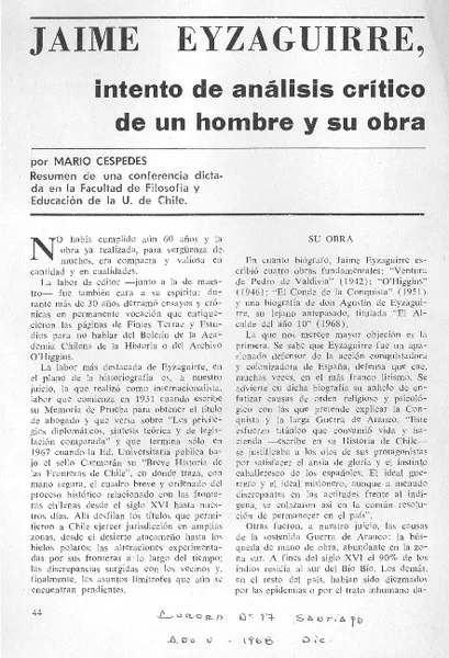 Jaime Eyzaguirre, intento de análisis crítico de un hombre y su obra  [artículo] Mario Céspedes.