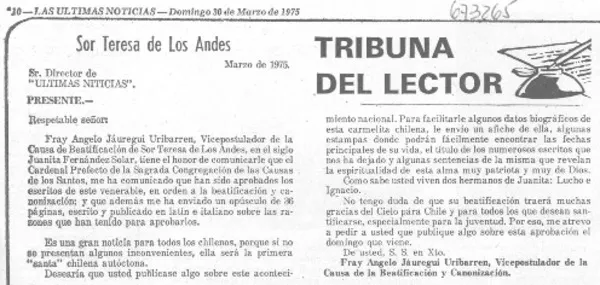 Sor Teresa de los Andes  [artículo] Fray Ángelo Jáuregui Uribarren.