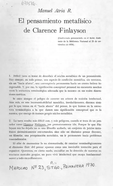 El Pensamiento metafísico de Clarence Finlayson  [artículo] Manuel Atría R.