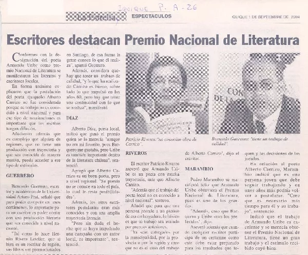 Escritores destacan Premio Nacional de Literatura  [artículo]