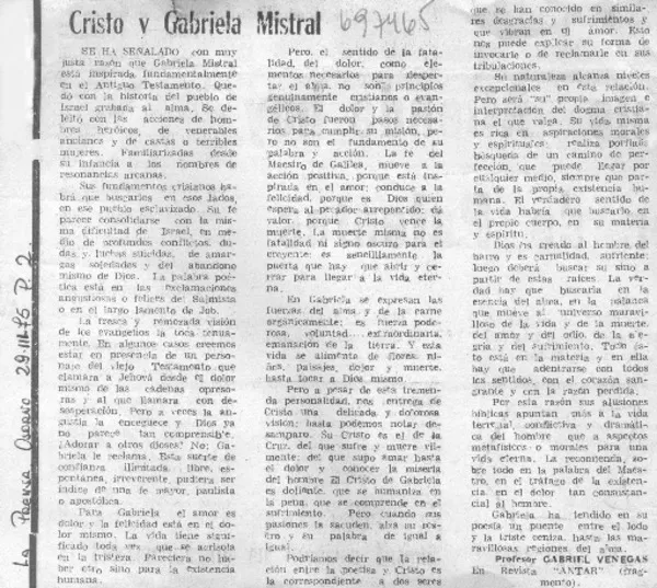 Cristo y Gabriela Mistral  [artículo] Gabriel Venegas.