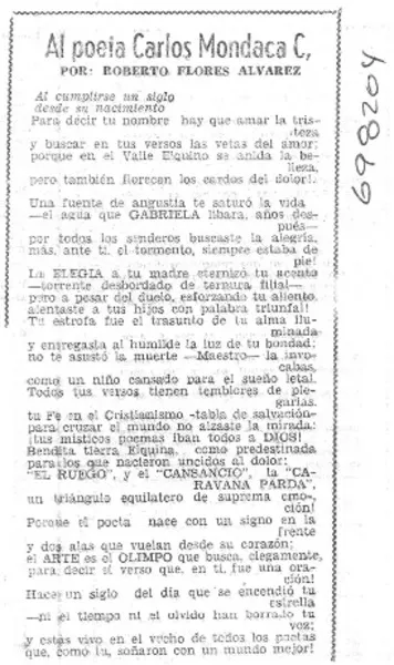 Al poeta Carlos Mondaca C.  [artículo] Roberto Flores Alvarez.