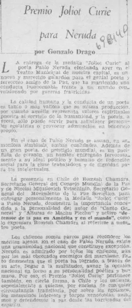 Premio Joliot Curie para Neruda  [artículo] Gonzalo Drago.