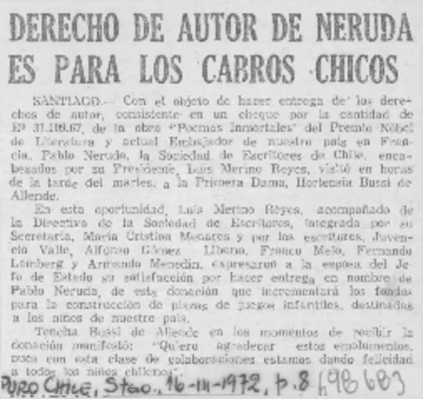 Derecho de autor de Neruda es para los cabros chicos.  [artículo]