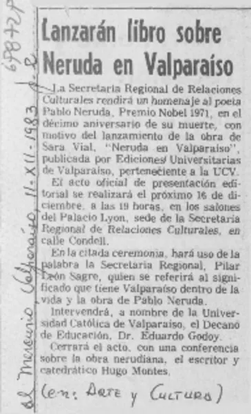 Lanzarán libro sobre Neruda en Valparaíso.  [artículo]