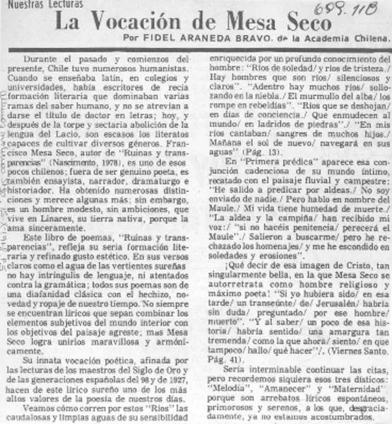 La vocación de Mesa Seco  [artículo] Fidel Araneda Bravo.