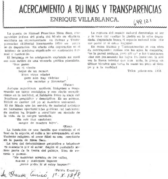Acercamiento a Ruinas y transparencias  [artículo] Enrique Villablanca.